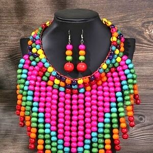 Beaded necklace multicolored with matching earrings.